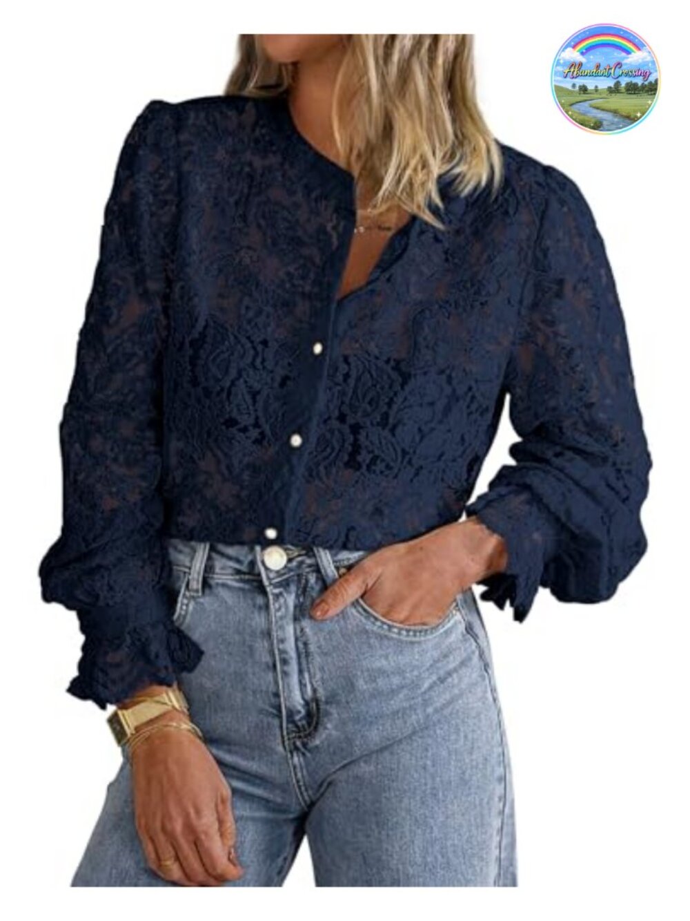 Women's Lace Button Up Long Sleeve Blouse Crewneck Work Top